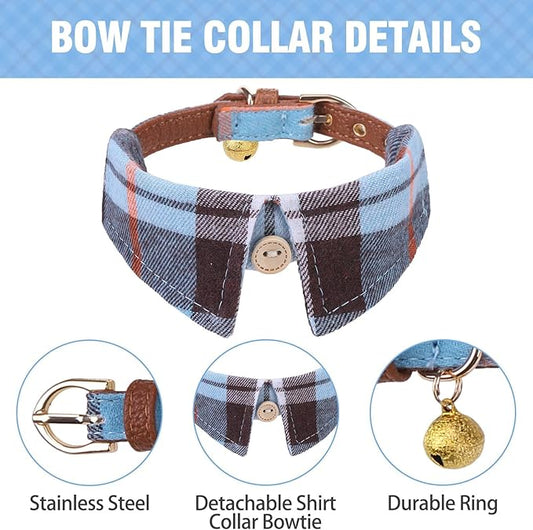KOOLTAIL Small Boy Dog Collar and Leash Set with Bowtie and Bells - Male Puppy Collar and Leash with Classic Plaid Matching Pattern, Soft Leather Leashes for Small Dogs Boys,Shirt Collar Plaid