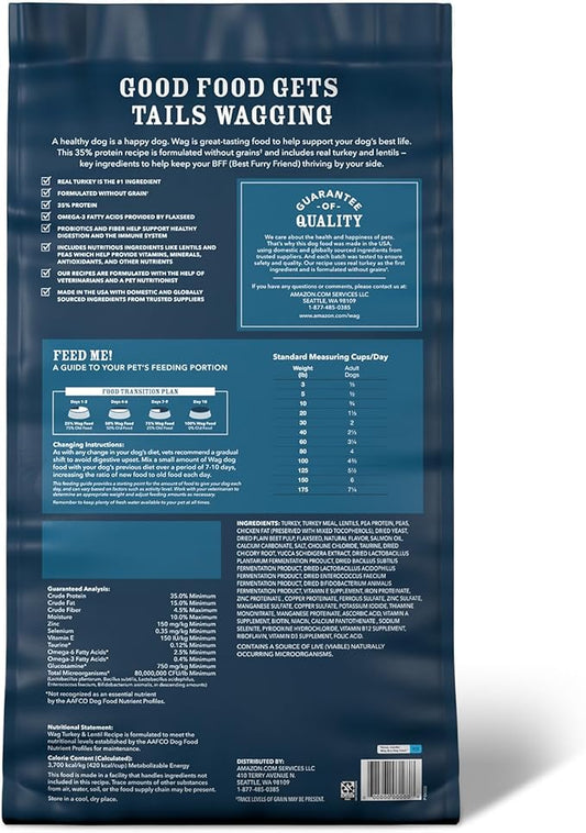 Amazon Brand - Wag Dry Dog Food Grain-Free Turkey & Lentil Recipe, High Protein (24 lb bag)