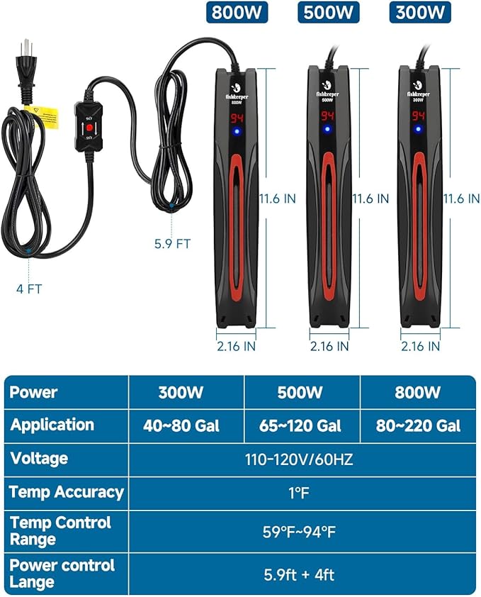 fishkeeper 300W/500W/800W Adjustable Submersible Aquarium Heater - PID Electronic Smart Thermostat Fish Tank Heater with Out-of-Water/Run-Dry/Overheat/Low-Temp Protection for 40-220 Gal Fish Tanks