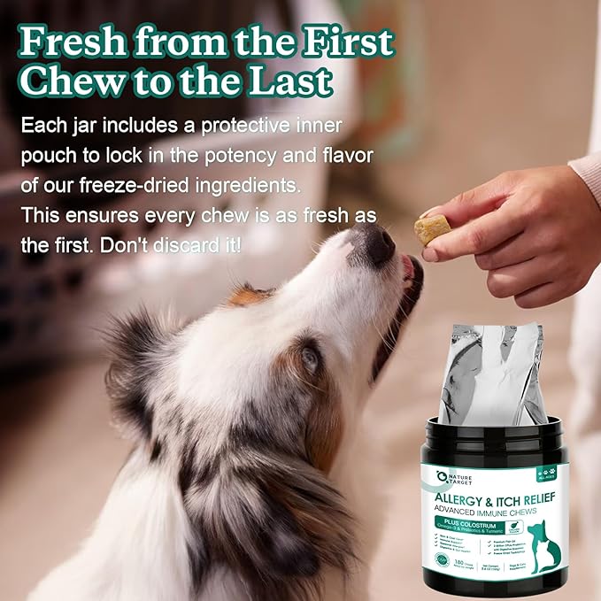 NATURE TARGET Dog Allergy Chews - Dog Allergy Relief, for Skin, Coat, Anti-Itch, Seasonal Allergies, Scratching, Pawlicking, 180 Freeze Dried Chews