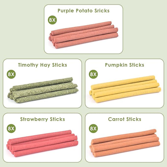 ERKOON 40Pcs Rabbit Timothy Hay Sticks, Five Flavors:PurplePotato/TimothyHay/Pumpkin/Strawberry/Carrot,Suitable Guinea Pig, Hamste, Gerbil, Chinchilla Treats, Chew Toys for Teeth for Bunnies 