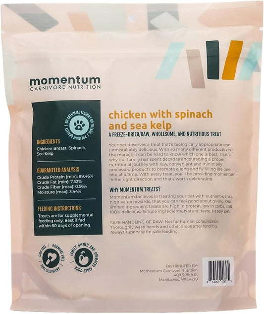 Momentum Carnivore Nutrition Freeze-Dried Chicken, Spinach & Sea Kelp Dog Treats & Cat Treats – Single-Ingredient Recipe, High-Protein, Grain-Free, Natural Superfood Blend – Made in USA – 3 oz Bag