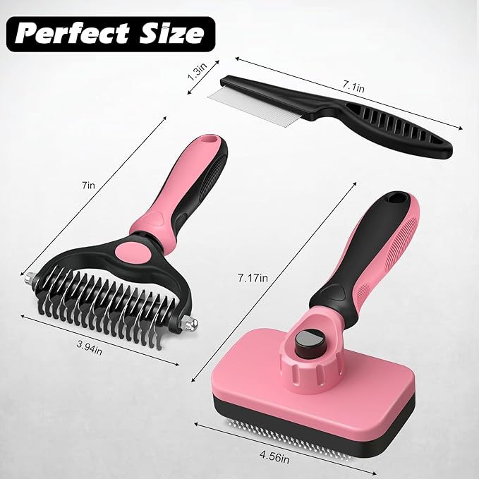 3PCS Self Cleaning Slicker Brush & Pet Grooming Rake & Flea Comb for Dogs,Cats and Horses | Double-Sided Dematting Comb & Skin Friendly Deshedding Grooming Tool | Pet Supplies (Light Pink)