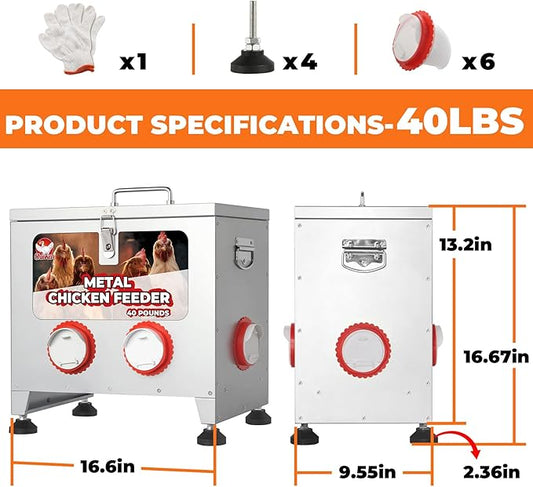 Sidasu 40 lbs 6 Port Galvanized Chicken Feeder with Adjustable Height,Locking Lid&Riveted Handles,Large Capacity Rainproof Automatic Chicken Feeders Silver