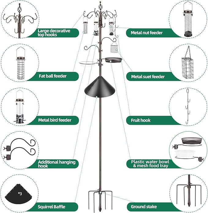Bird Feeding Station Kit with Squirrel Baffle Bird Feeder Pole with Suet Cage Mesh Tray Fruit Hook Double W Hook for Attracting Wild Birds and Hanging Planter Hanger Lights