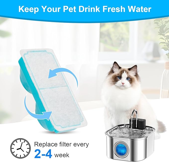 Cat Water Fountain Filter for 108oz/3.2L Wireless Cat Water Fountain,Battery Operated Stainless Steel Pet Fountain(6 Filter + 6 Sponge)