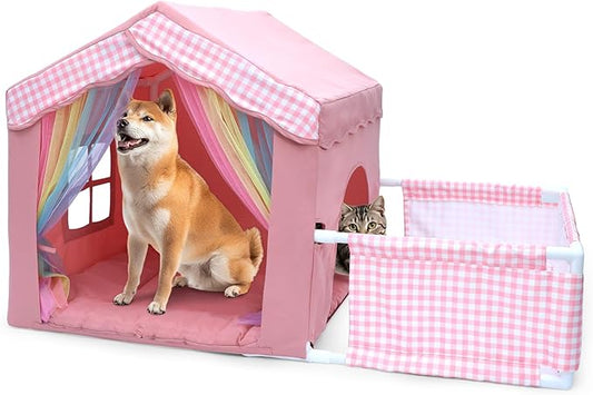 Dog House Indoor with Frame for Small to Medium Dogs, LitaiL Cute Dog Tent Bed with Play Area, Breathable, Washable, Cute Princess Dog Cat House with Soft Plush Cushion, 44" L x 26.8" W x 25" H, Pink