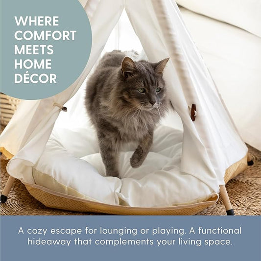 The Cat Ladies Cat Teepee - White Small Dog Tent Bed with a Soft Inner Cushion - Indoor Pet Teepee with Wooden Poles for Cats Dogs Rabbit and Bunny - with Feather Toys