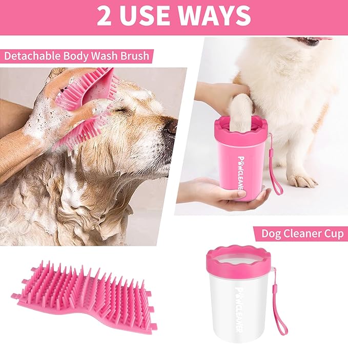 Professional 7 in 1 Dog Paw Cleaner for Dogs & Cats - Includes 1 Portable Paw Washer, 1 Bath Brush, 2 Dog Toothbrushes and 3 Absorbent Towels Note: Fits Paws 1.5 to 2.5 Inches Wide (Medium, Pink)