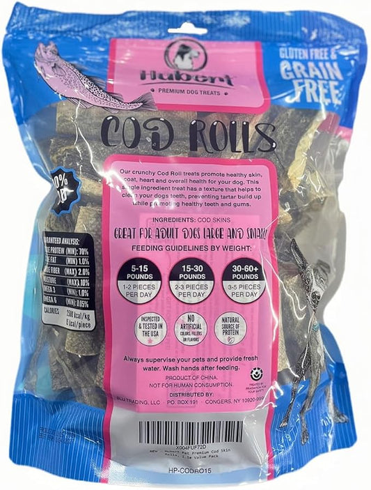 Hubert Pet Premium Cod Skin Rolls - Single Ingredient Natural Dog Treats for All Breeds, No Artificial Additives - 1.5 lbs Bag