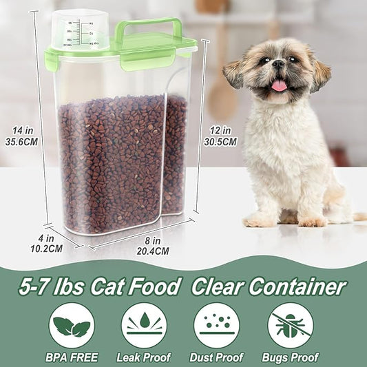 5-7Lbs/6Qt Dog Cat Storage Container Portable with Upgraded Large Spout and Cup, Plastic Pet Food Dispenser for Small Animal Kibble, Bird Seed, Oatmeal, Rice, Flour, Brown Sugart (Clear Green)