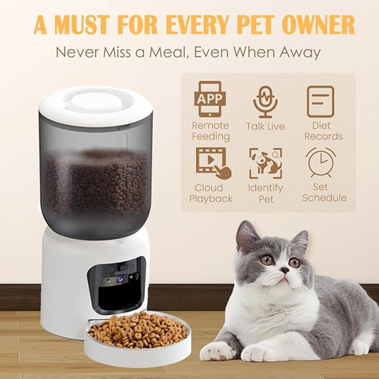Automatic Cat Feeder with 2K HD Camera, 2.4/5G WiFi 6L Pet Feeder Automatic for Cats & Dogs, Dog Automatic Feeder APP Control, Programmable Cat Food Dispenser with Night Vision,Two-Way Audio (White)
