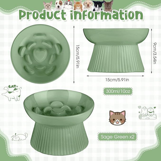 Tioncy 2 Pcs Raised Cat Slow Feeder Bowl Ceramic Elevated Cat Dog Food Bowl No Spill High Edge for Dry Wet Food and Water Easy to Clean, Dishwasher Safe(Sage Green)