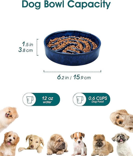 vancasso Slow Feeder Dog Bowl, 0.6 Cup Ceramic Slow Feeding Food Dish for Small Breed, Puzzle Dog Food Bowl for Fast Eater, Blue