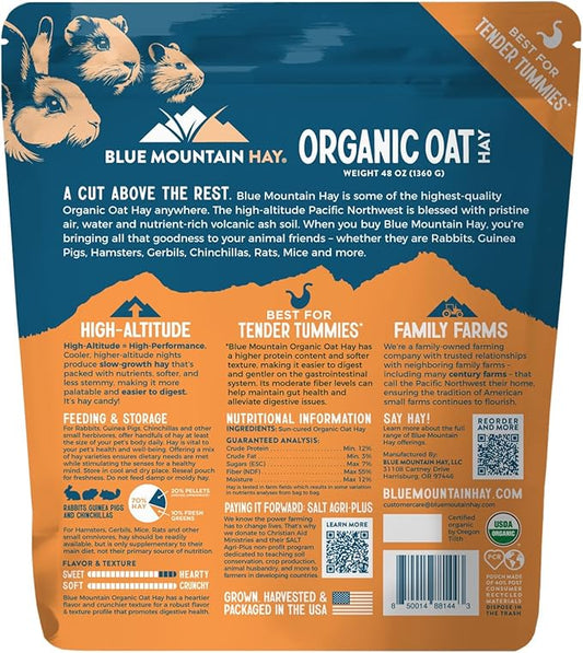 Blue Mountain Hay | Fresh Organic Oat Hay (48 Ounce) | Good for Sensitive Digestion | High-Altitude Hay Pet Food for Rabbits, Guinea Pigs, Chinchillas, Hamsters, and Other Small Pets