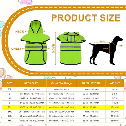 Dog Raincoat, Dog Rain Jacket Waterproof Jacket Reflective Adjustable Hooded Pet Rain Coat with Leash Hole, (Fluorescent Green, XL), Intended for Large Medium Small Puppies