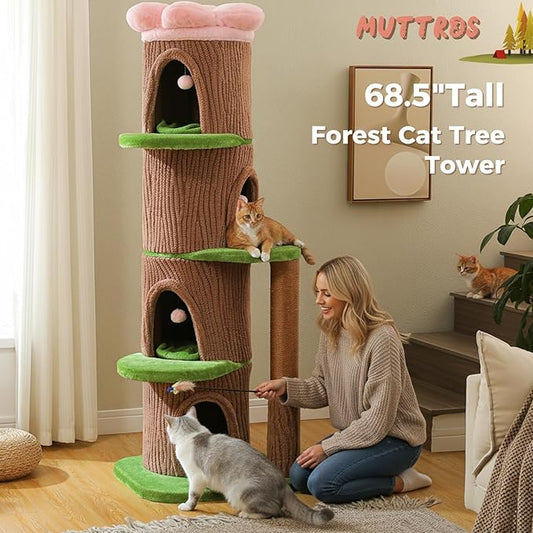 Forest Cat Tree Tower with 4 Condos, 68.5" Tall Cat Tower with Flower Top Bed & Thick Scratching Post (φ3.8in) – Large Heavy Duty Tree That Looks Like a Tree for Indoor & Multi-Cat Households