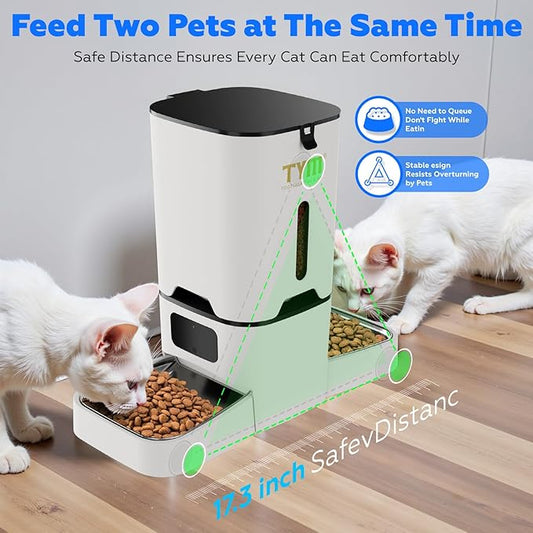 TYM Dual Automatic Cat Feeder 2 Cats, 7L Timed Cat Food Dispenser for Multiple Pets, Double Auto Dog Feeder with Slow Feed, WiFi Programmable Feeders Smart App Control, Steel Double Bowls Easy Clean
