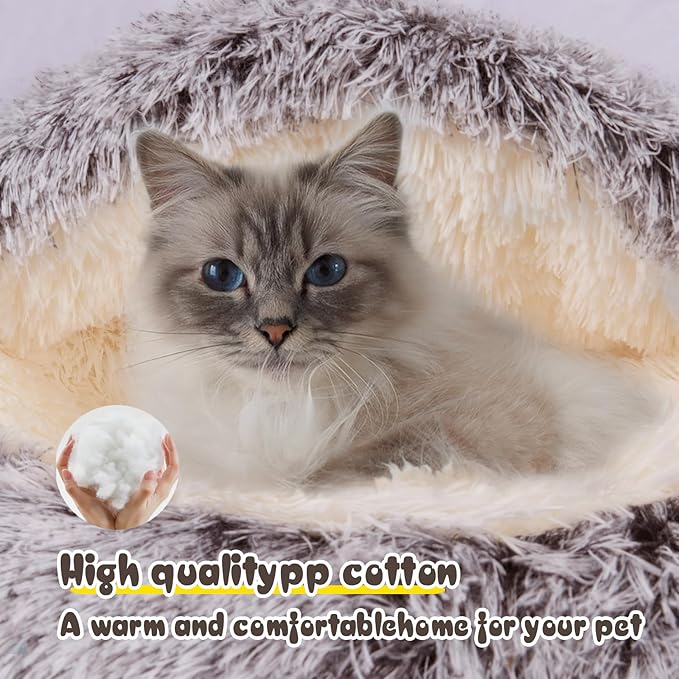 Cat Bed for Indoor Cats, Calming Cozy Cave with Self-Warming Plush, Entire Bed Machine Washable & Anti-Slip Base, Breathable Pet Bed for Small Cats&Dogs All Seasons (Khaki, 24 * 24inch)
