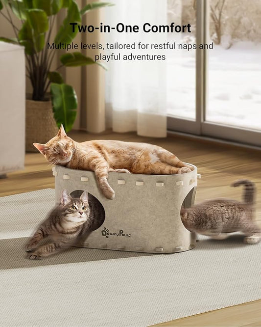 DownyPaws Cat House for Indoor Cats, Cat Bed Cave for Multiple & Large Cats Up to 22 Lbs, Scratch Resistant, Foldable Peekaboo Kitten Caves Tunnel Enclosed Bed, PeekaPurr, Cream