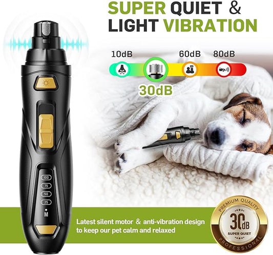 Dog Nail Grinder & Clipper 2-in-1 Set - 25dB Ultra Quiet with 3 Grinding Wheels & 2 LED Lights, Rechargeable for Large/Puppy Dogs & Cats, 3-Speed Adjustable for Anxious Pets