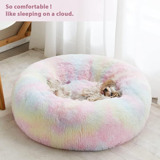 WNPETHOME Donut Dog Beds Large Sized Dog,Anti-Anxiety Caming Large Pet Bed,Fluffy Faux Fur Plush Puppy Bed,Warming Cozy Soft Round Bed for Pet, Cat Cuddler Cushion
