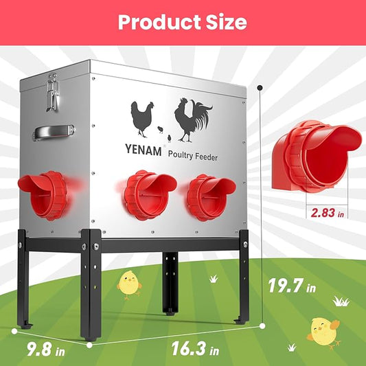 40 lb Automatic Chicken Feeder No Waste, 6 Feeding Port Large Metal Chicken Feeders, Poultry Feeder with Adjustable Height Base & Locking Lid, Rat Proof Chick Feeder for Chickens, Ducks & Geese