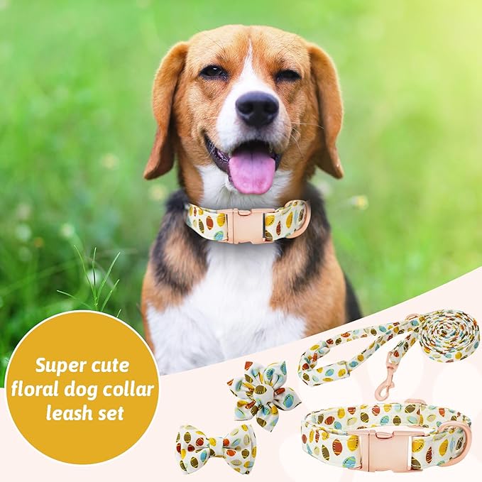 Dog Collar and Leash Set Girls Adjustable Puppy Collars with Floral Bow Tie for Small Medium Large Female Dogs, Rugby, L