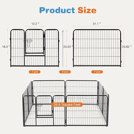 FansaFurn 24" Heavy Duty 8-Panel Metal Dog Playpen with Door - Indoor/Outdoor Pet Exercise Pen for Puppies, Small, Medium & Large Dogs, Rabbits - Ideal for Camping, Yard & Garden Use