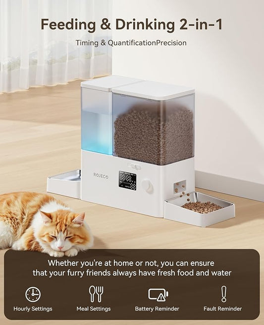 Rojeco 36Cups/8.5L Pet Automatic Cat Feeder and Gravity Water Dispenser,Stainless Steel Bowls 2-in-1 Set Large Capacity 5L Food Feeder and 3.5L Water Fountain for Cats,Pets,Small Dogs,Puppies,Kittens