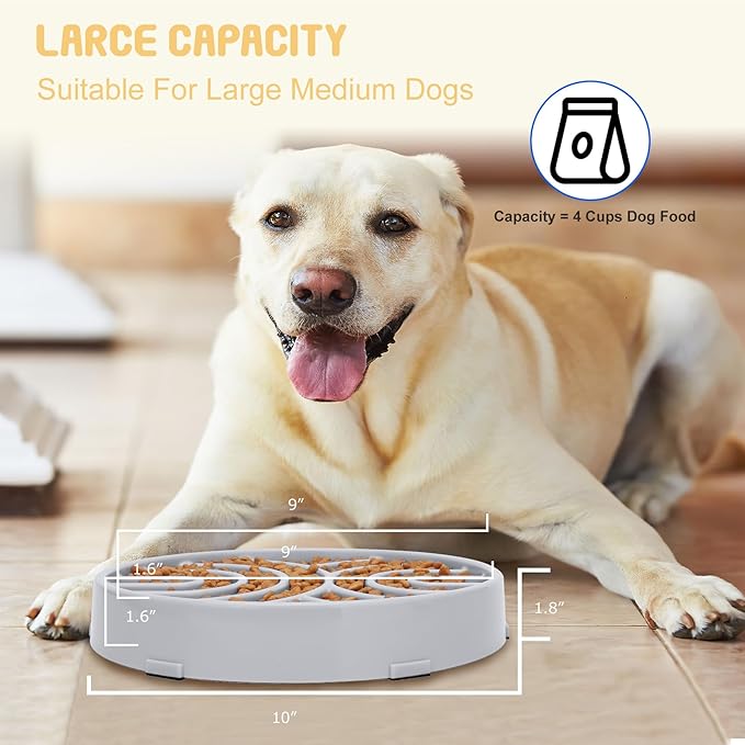 WHIPPY Slow Feeder Dog Bowls Anti-Choking Maze Dog Food Bowl Anti-Slip Interactive Dog Puzzle Feeder Dog Bowl Pet Bowl for Large Medium Dogs,Light Gray