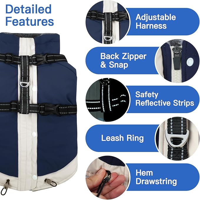 XX-Large Dog Winter Coat with Harness 2 in 1-for Walk The Dogs | Thick and Warm Lining for Cold Winter,Turtleneck Windproof Snowsuit with Sleeves,Night Reflective Harness(Navy-Blue)