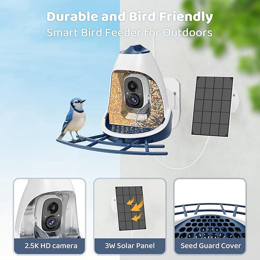 Smart Bird Feeder with Camera Solar Powered, Wireless Outdoor Smart Birdhouse with Built-in 2K HD Camera, Dual Seed Chambers & Spill Resistant, Motion Alerts & App Sharing–Ideal for Bird Lovers