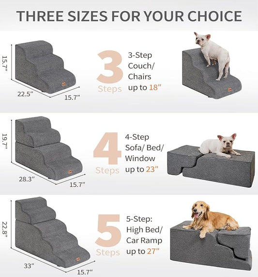 Made4Pets Dog Stairs Ramp for High Bed 22.8" H, 5-Step Pet Stairs for Bed Couch Sofa Climbing, 35D Foam Pet Steps for Small Dogs and Cats, Non-Slip Bottom Dog Steps, Grey