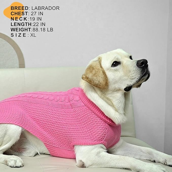 XXL Dog Sweater, Classic Cable Knit Warm Dog Sweatshirt with Reflective Yarn for Girl Boy, Halloween Fall Winter Coat Turtleneck Pullover Clothes Apparel for Small Medium Large Dogs (Pink XXL)