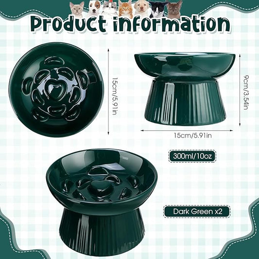 Tioncy 2 Pcs Raised Cat Slow Feeder Bowl Ceramic Elevated Cat Dog Food Bowl No Spill High Edge for Dry Wet Food and Water Easy to Clean, Dishwasher Safe(Dark Green)