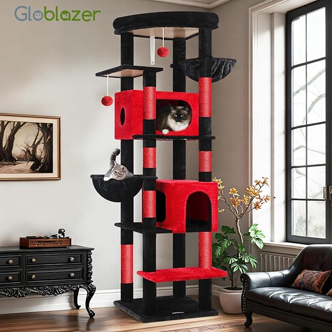 Globlazer Gothic Heavy Duty Cat Tree, 74in Sturdy Goth Cat Tower for Large Cats Adult Big Cat Tree with 7 Scratching Posts, 2 Padded Spacious Condos, 2 Hanging Baskets, Enlarged Perch, S74, Red Black