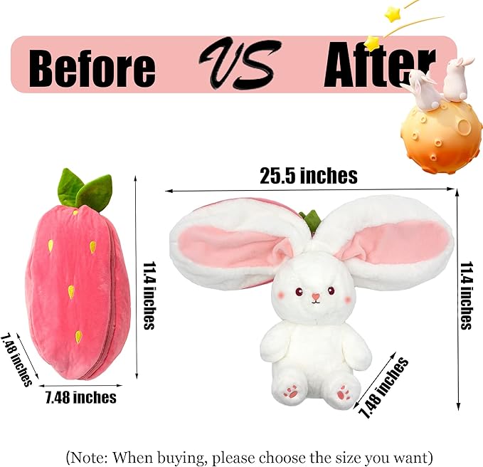 YOUBLEK Bunny Stuffed Animal,Strawberry Reversible Cuddle Bunny Plush Doll with Zipper Cute Soft Rabbit Toys Pillow for Kids and Adults Easter Bunnies Plushies Gifts (Strawberry, 9.84 inches)