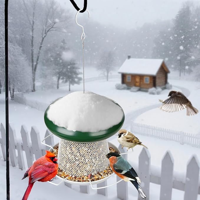 IWNTWY Bird Feeder, Heavy Duty Metal Bird Feeders for Outdoor Hanging, Cute Mushroom Shape Wild Birdfeeder for Outside Garden Yard (Green)