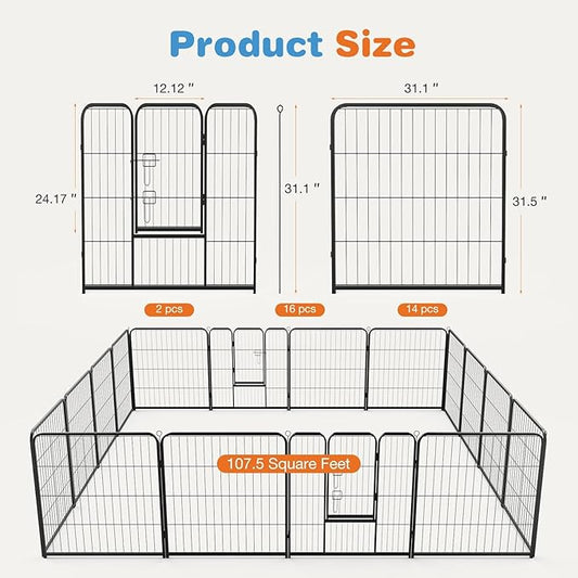FansaFurn Metal Dog Playpen with Door, 32" Indoor/Outdoor Pet Exercise Pen - 16-Panel Heavy-Duty Pen for Large Dogs, Puppies, Rabbits - Yard, Garden, Camping Use