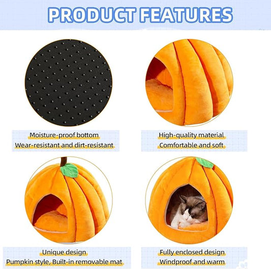 Cat Beds for Indoor Cats, Cute Pumpkin Shape Cat Tent with Removable Cushion Warm Cave Nest Bed Puppy House, Cat Small Dog (Orange)
