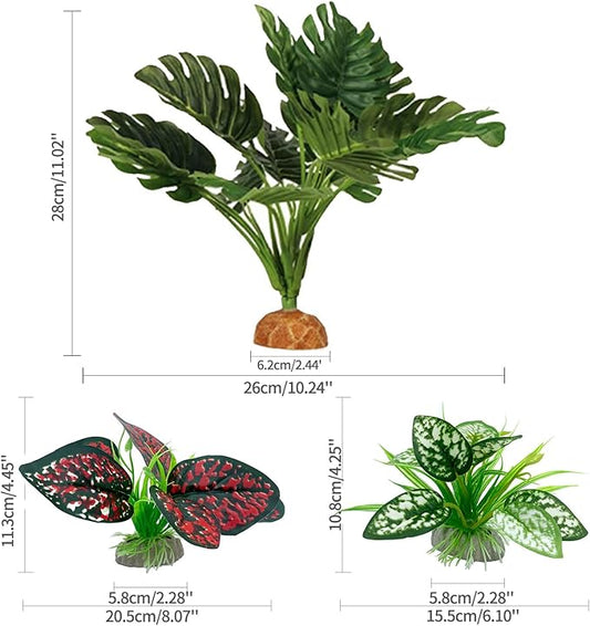 Moonorange Reptile Artificial Plants, Terrarium Plants Decorations Supplies, Aquarium Fish Tank Plant, Amphibian Habitat Hideout Tank Accessories(L Set-3pcs/A)