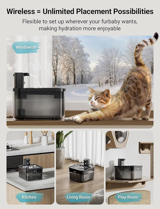DownyPaws Cat Water Fountain Stainless Steel Cordless, 84oz/2.5L Fursink Wireless Pet Water Fountains for Cats Indoor, Battery Operated Cat Drinking Fountain, Ultra Quiet Pump, BPA-Free, Black