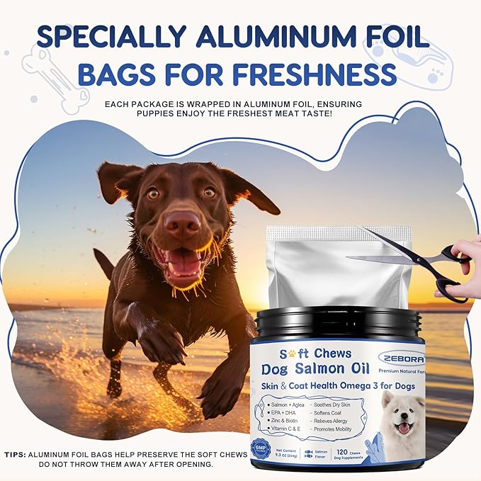 ZEBORA Salmon Oil for Dogs Skin and Coat - Omega 3 6 9 Fish Oil Soft Chews for Dogs Itchy Skin Relief - Dog Fish Oil Supplements EPA DHA Rich with Vitamins C & E - Allergy Relief & Shedding, 120 Ct