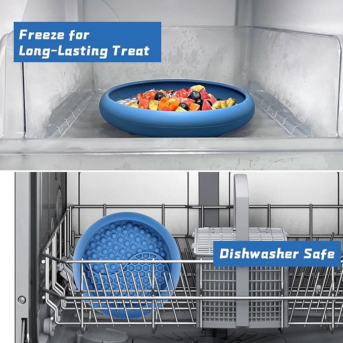 Dog Lick Bowl, Non-Slip Dog Slow Feeder Licking Mat Treat Dispenser, Interactive and Enrichment Toys, Boredom & Anxiety Reducer, BPA Free Silicone (Dark Blue, Large)