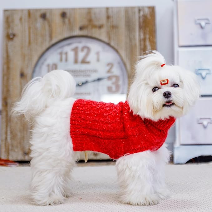 Turtleneck Small Dog Sweaters - Classic Cable Knitwear Winter Coat for Small Medium Dogs Male Female Puppy Dog Cold Weather Clothes Girls Boys, Red, S