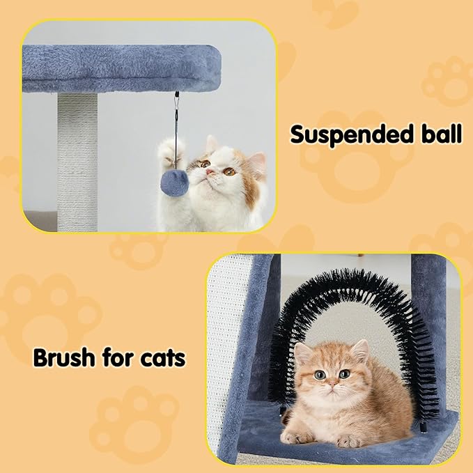 Xin Multifunctional Cat Tree for Indoor Kittens,Cat Tower with Scratching Posts and Scratching Pads,Cat Tree with Dangling Ball and Self-Grooming Brush,Grey