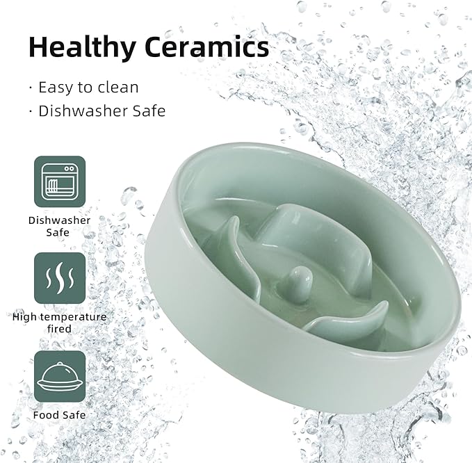 Ceramic 0.9 Cup Raised Dog Slow Feeder Set, Elevated Bowl with Wooden Stand for Small Dog and Cat, 6.1inch Puzzle Slow Dog Food Dish, Anti-Gulping(Light Green, Single Bowl+ Stand)