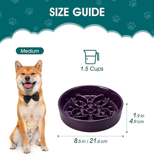 vancasso Ceramic Slow Feeder Dog Bowls, Puzzle Dog Food Bowls with Floral Maze, Anti -Slip Pet Food Dish for Medium Breed, 1.5 Cups, Purple