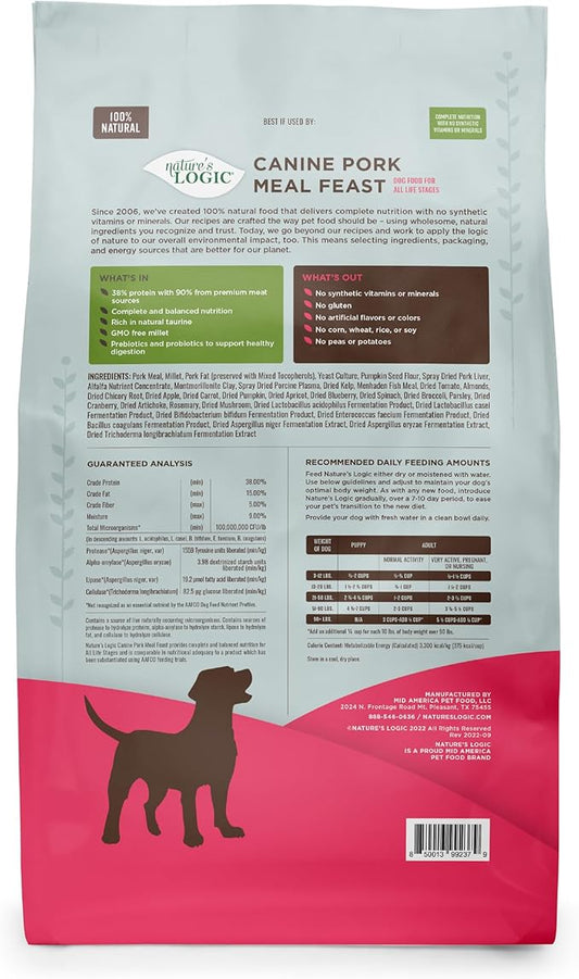 NATURE'S LOGIC Dry Dog Food - 100% Natural - No Synthetics - for All Ages, Sizes, Breeds - Free from Common Allergens, High Protein - Pork Meal Feast, 25lbs